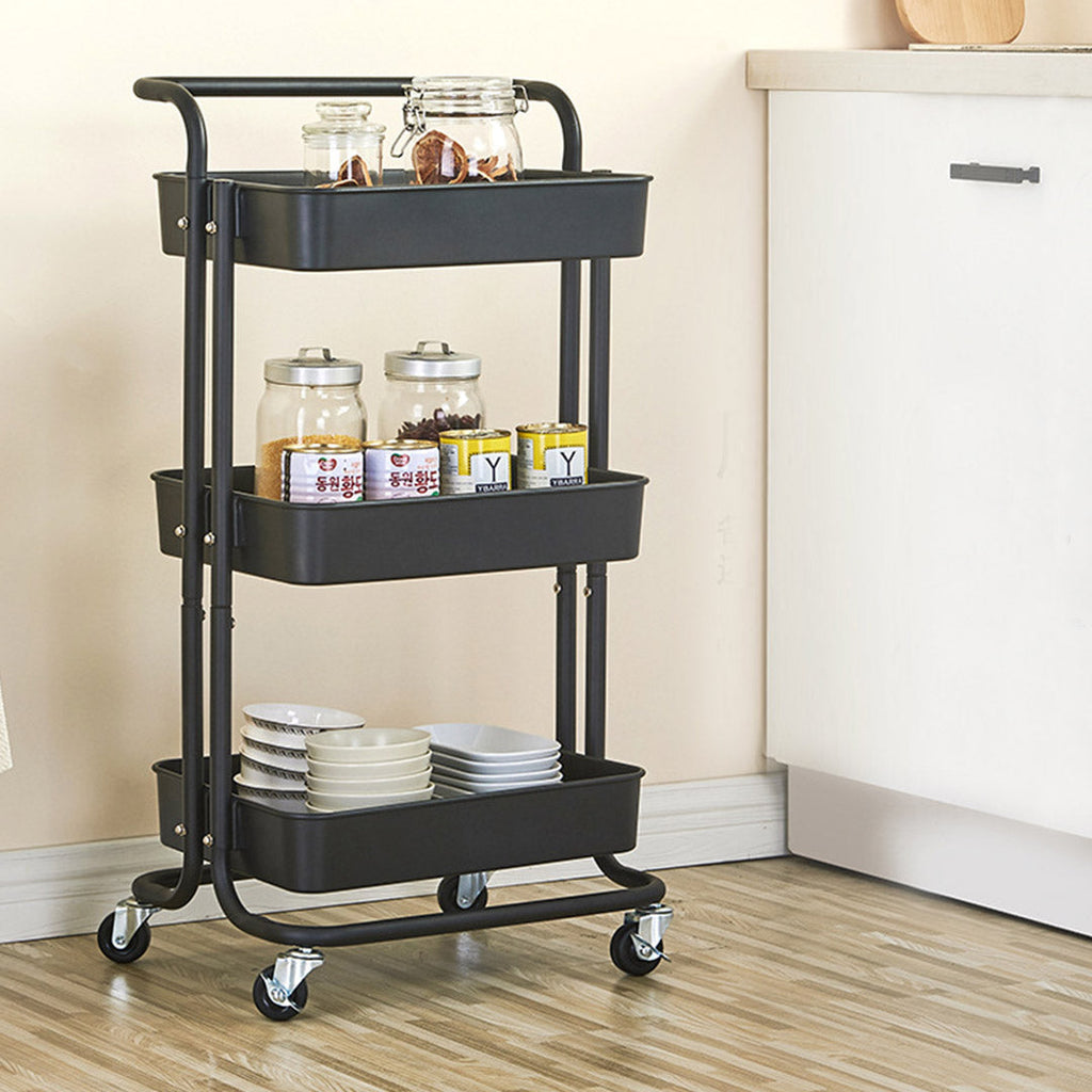 NNEAGS 3 Tier Steel Black Movable Kitchen Cart Multi-Functional Shelves Portable Storage Organizer with Wheels-2