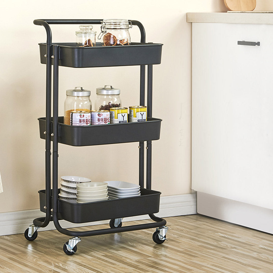 NNEAGS 3 Tier Steel Black Movable Kitchen Cart Multi-Functional Shelves Portable Storage Organizer with Wheels-2