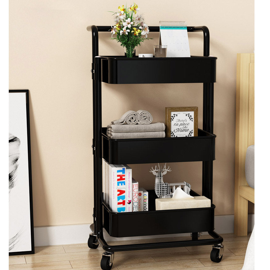 NNEAGS 3 Tier Steel Black Movable Kitchen Cart Multi-Functional Shelves Portable Storage Organizer with Wheels-3