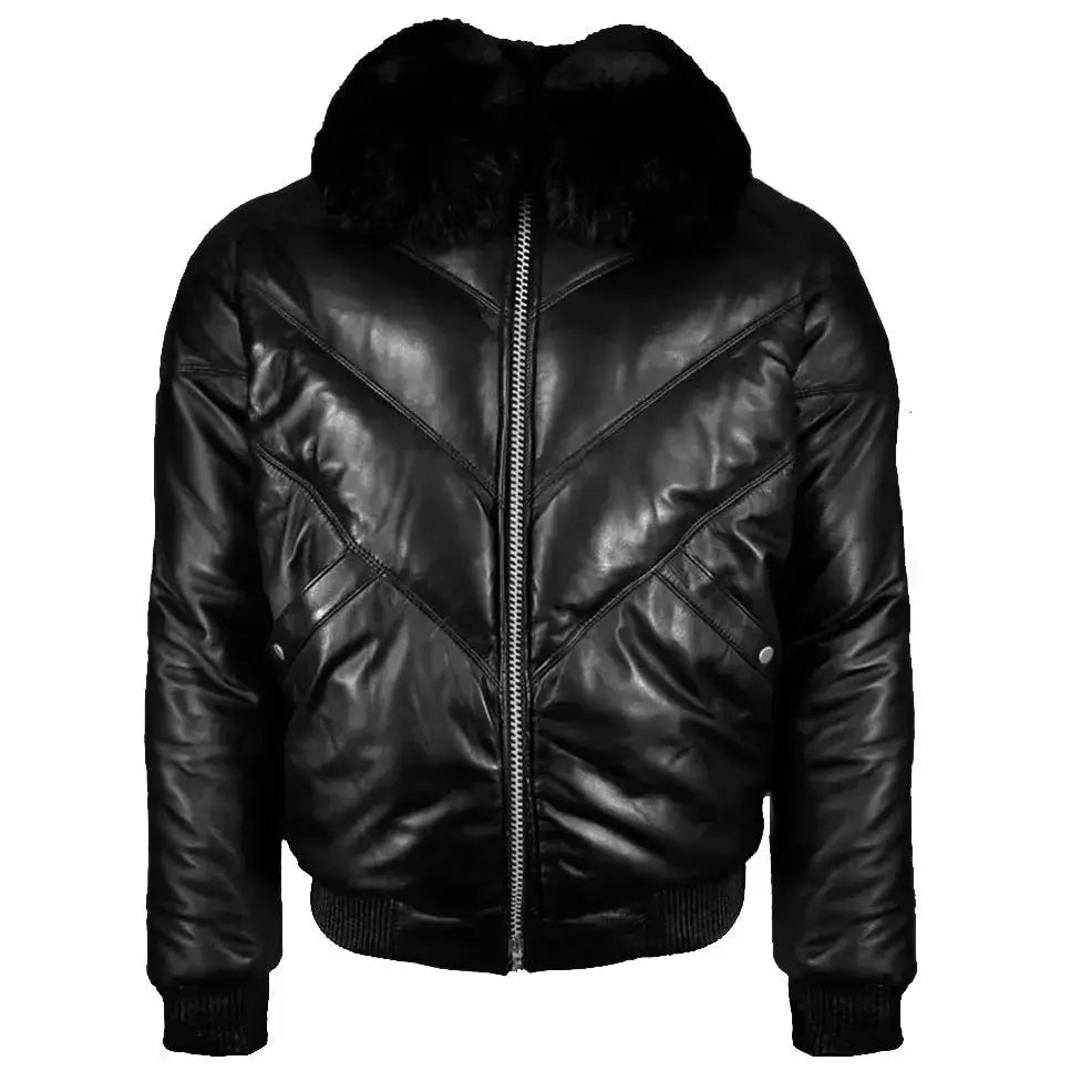 Men's Black Leather V-Bomber Jacket with Faux Fur