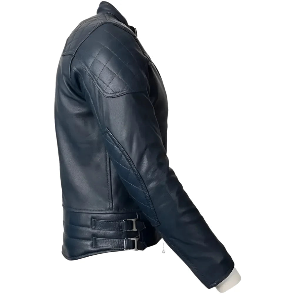 Men's Blue Motorcycle Leather Jacket with Gold Top Design