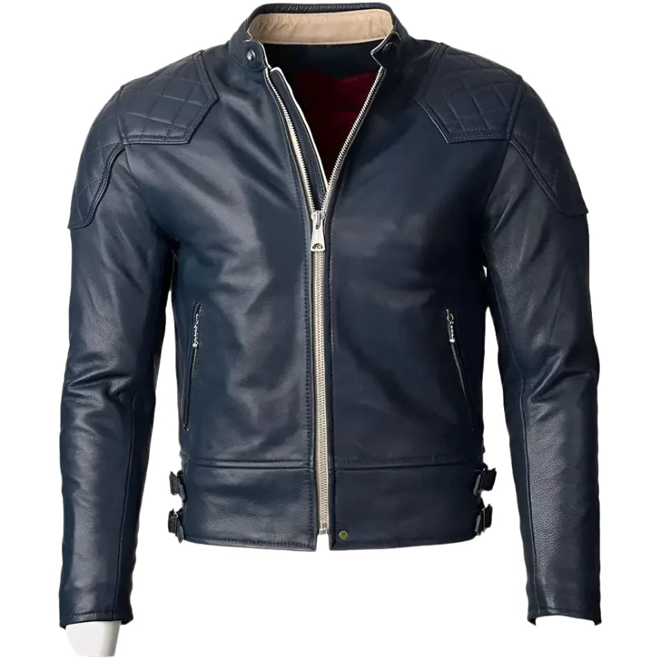 Men's Blue Motorcycle Leather Jacket with Gold Top Design