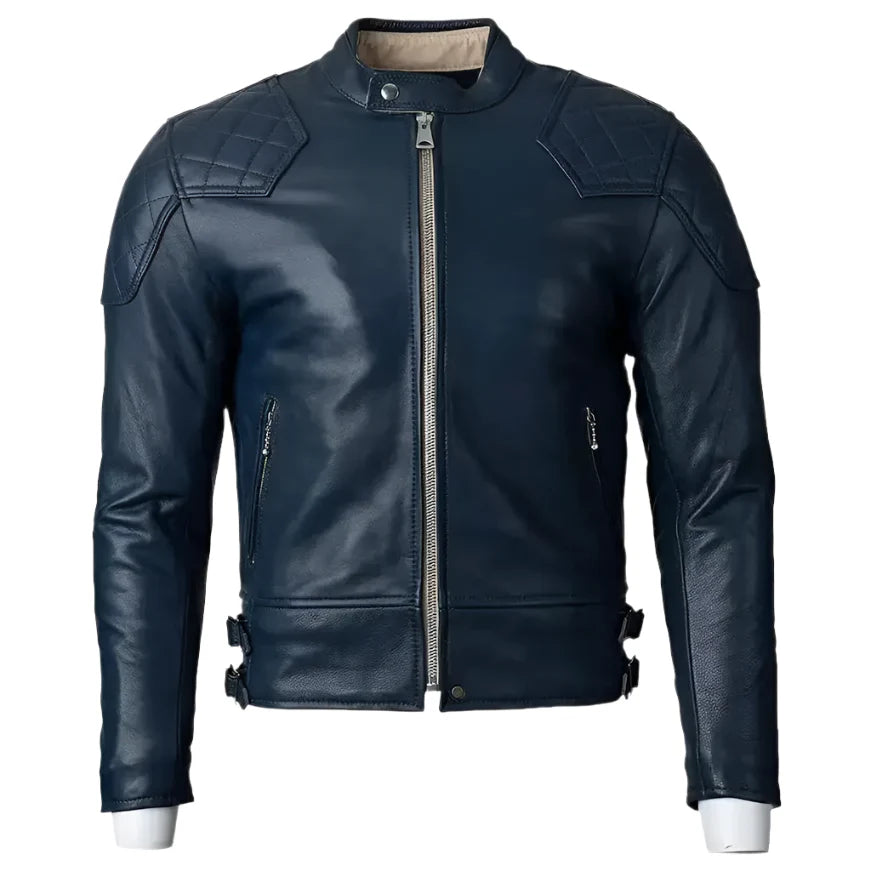 Men's Blue Motorcycle Leather Jacket with Gold Top Design