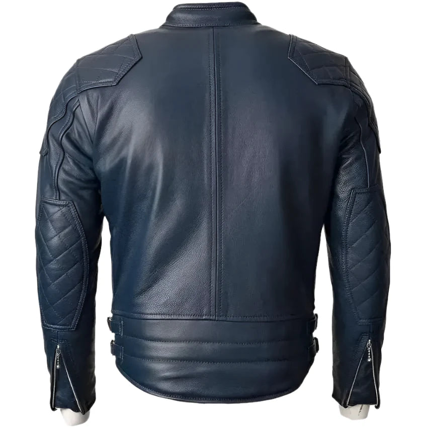 Men's Blue Motorcycle Leather Jacket with Gold Top Design