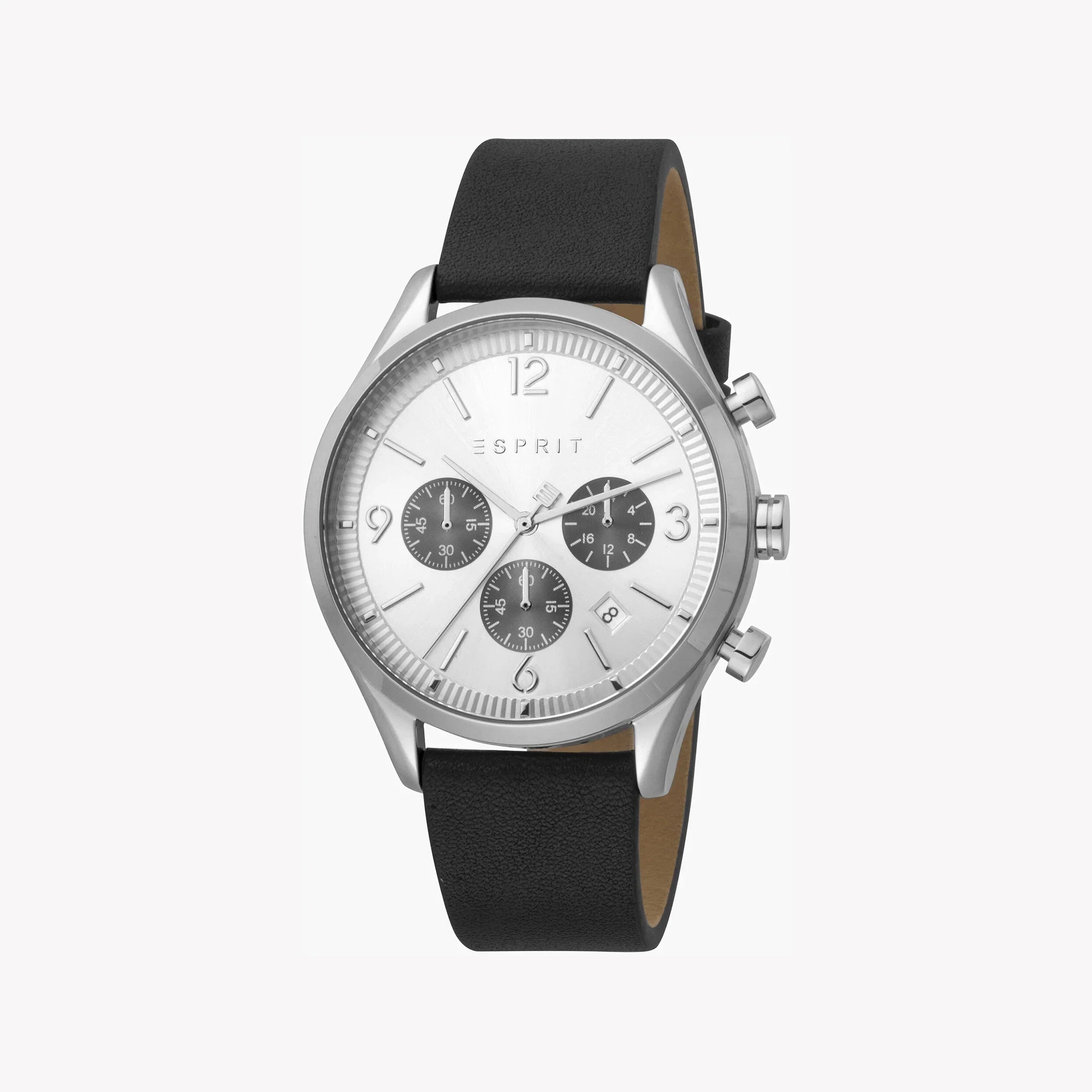 Esprit Men's Black Leather Watch, Silver Dial | Es1g120m0025