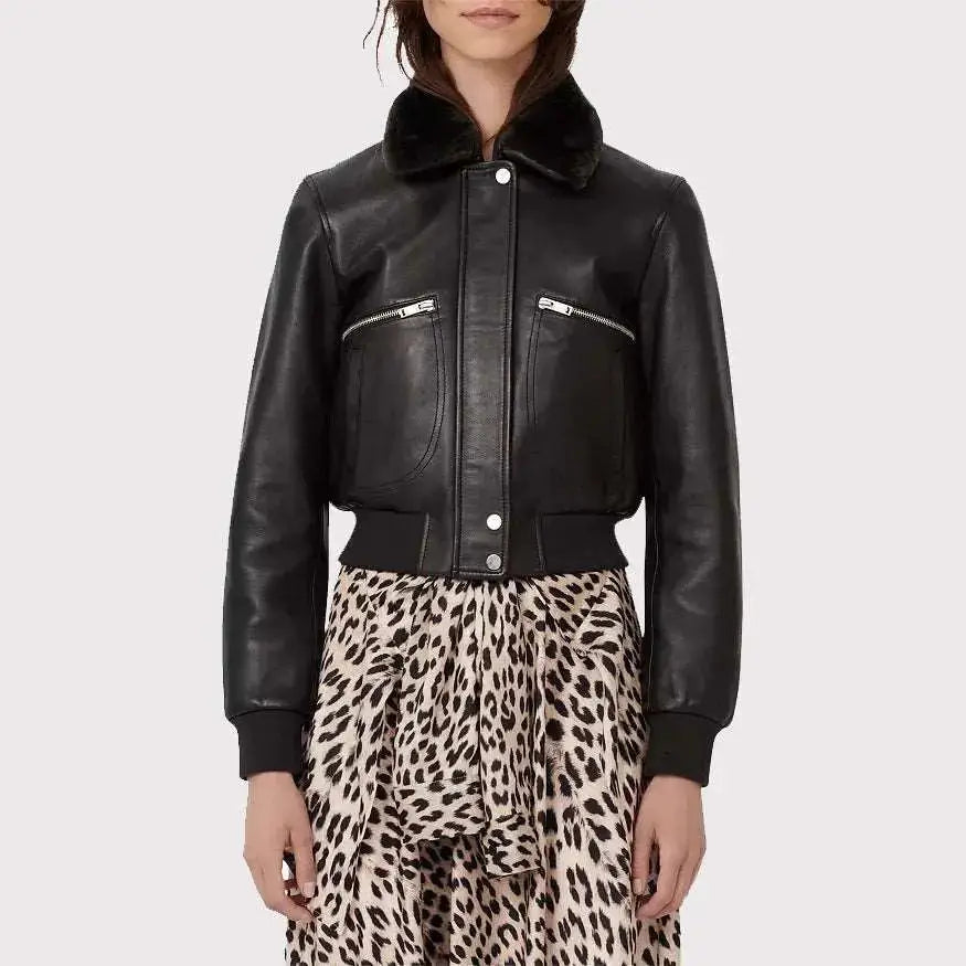 Women’s Black Leather Jacket with Shearling Collar