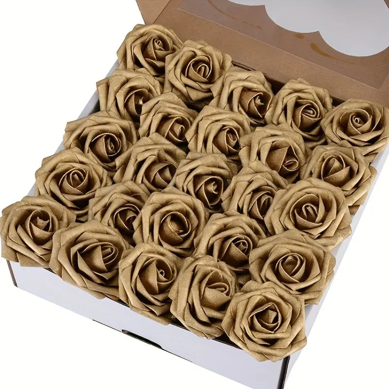 NNETM 25-Piece Golden Artificial Rose Flowers Set-0