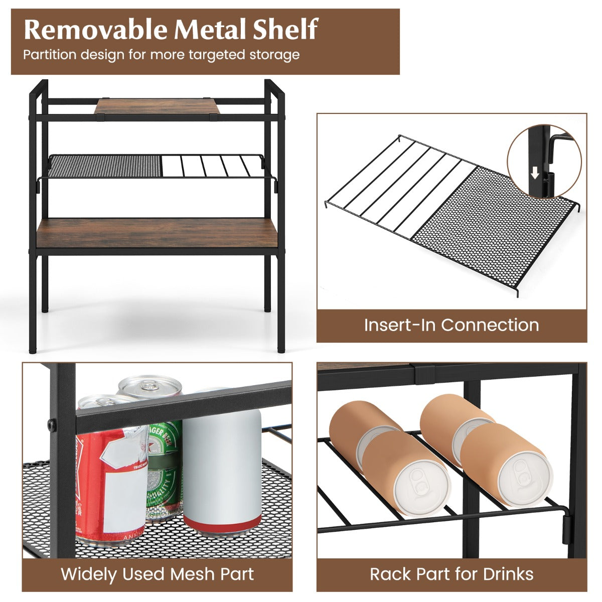NNECW 3-Tier Industrial Entryway Table with Removable Panel & Mesh Shelf