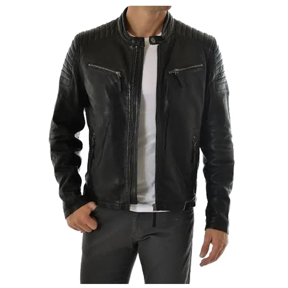 Men's Black Shoulder Stripe Leather Biker Jacket
